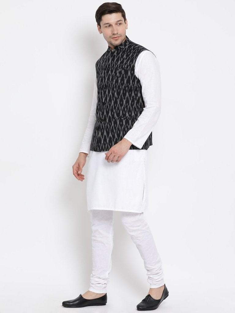 Men's White Cotton Kurta, Ethnic Jacket and Pyjama Set
