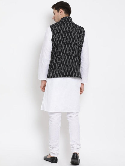 Men's White Cotton Kurta, Ethnic Jacket and Pyjama Set
