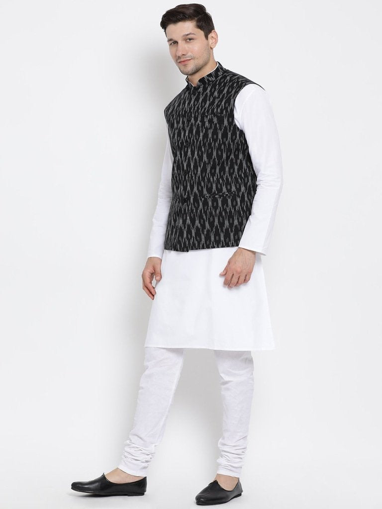 Men's White Cotton Kurta, Ethnic Jacket and Pyjama Set