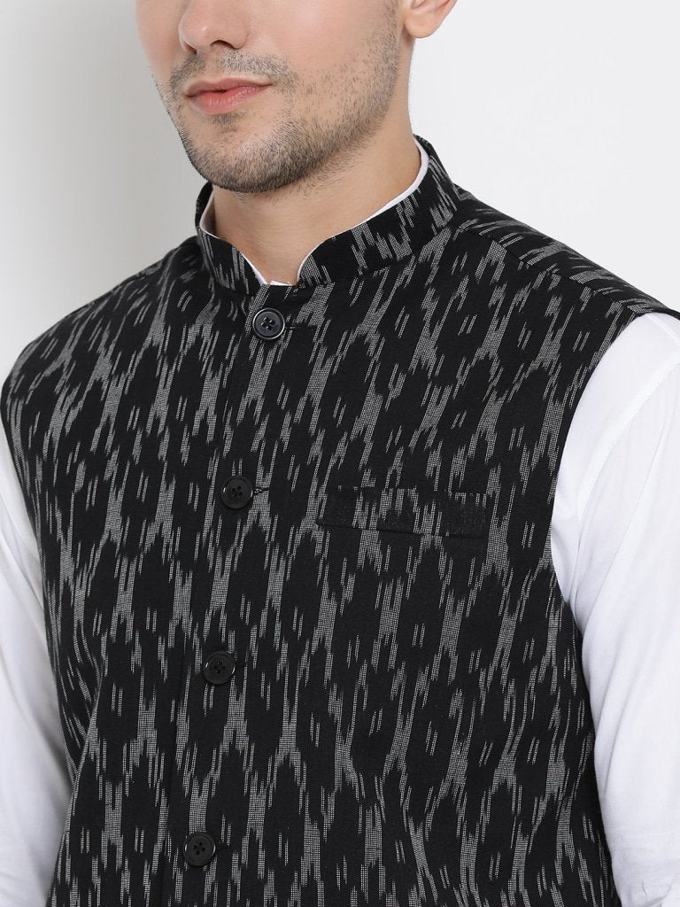 Men's White Cotton Kurta, Ethnic Jacket and Pyjama Set