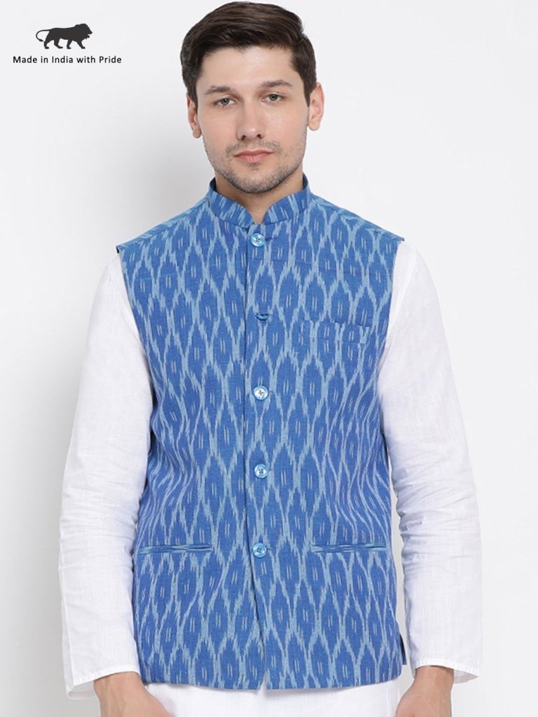 Men's Blue Cotton Ethnic Jacket