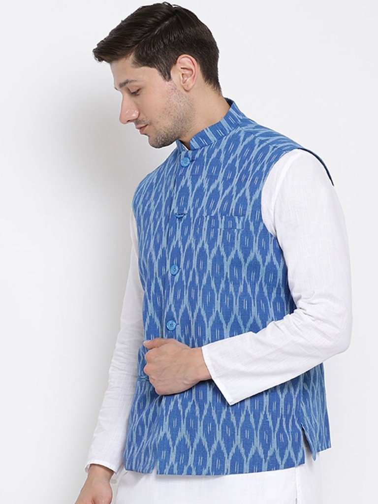 Men's Blue Cotton Ethnic Jacket