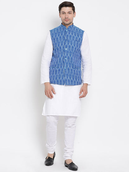 Men's White Cotton Kurta, Ethnic Jacket and Pyjama Set