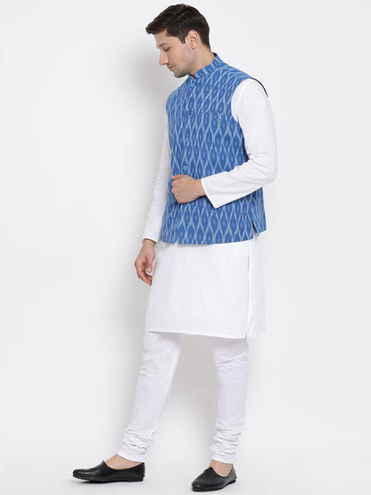 Men's White Cotton Kurta, Ethnic Jacket and Pyjama Set