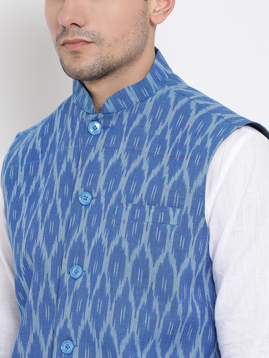 Men's White Cotton Kurta, Ethnic Jacket and Pyjama Set