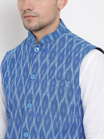 Men's White Cotton Kurta, Ethnic Jacket and Pyjama Set