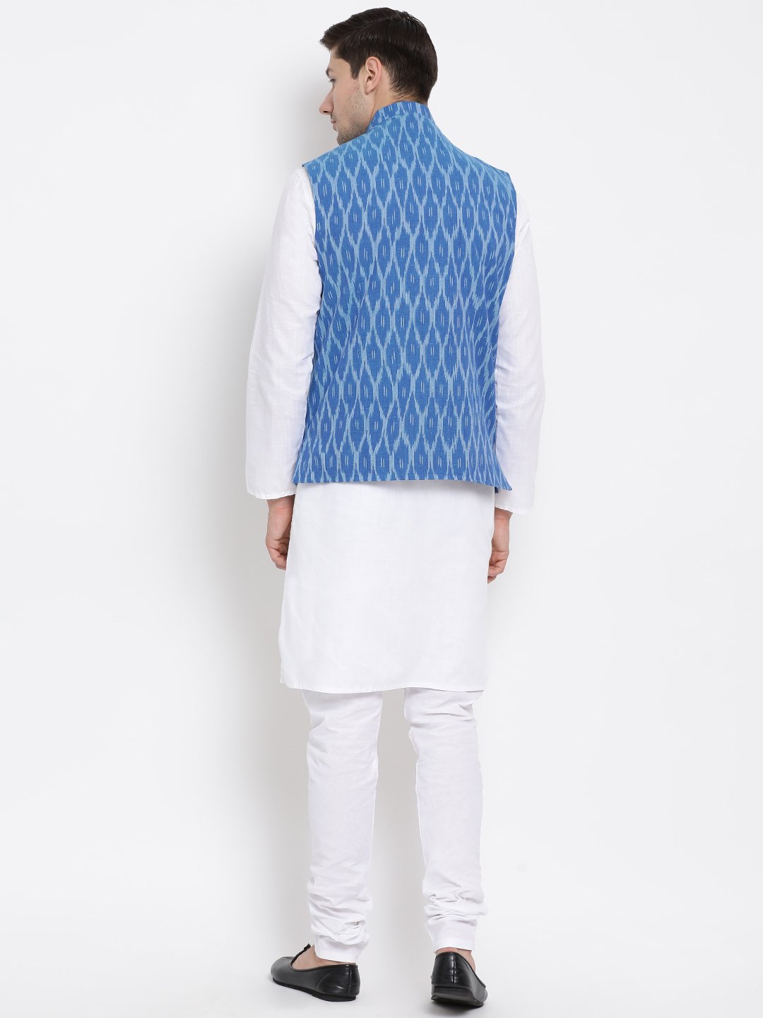 Men's White Cotton Kurta, Ethnic Jacket and Pyjama Set