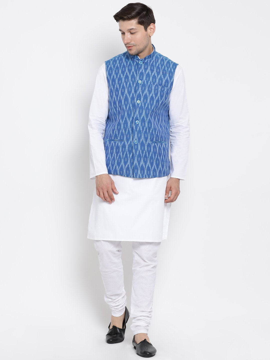 Men's White Cotton Kurta, Ethnic Jacket and Pyjama Set