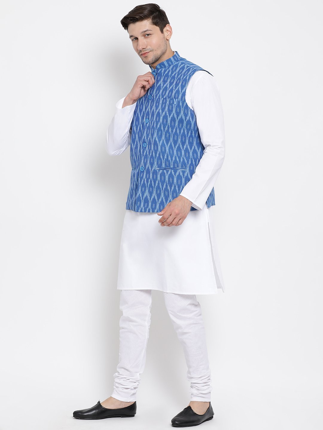 Men's White Cotton Kurta, Ethnic Jacket and Pyjama Set