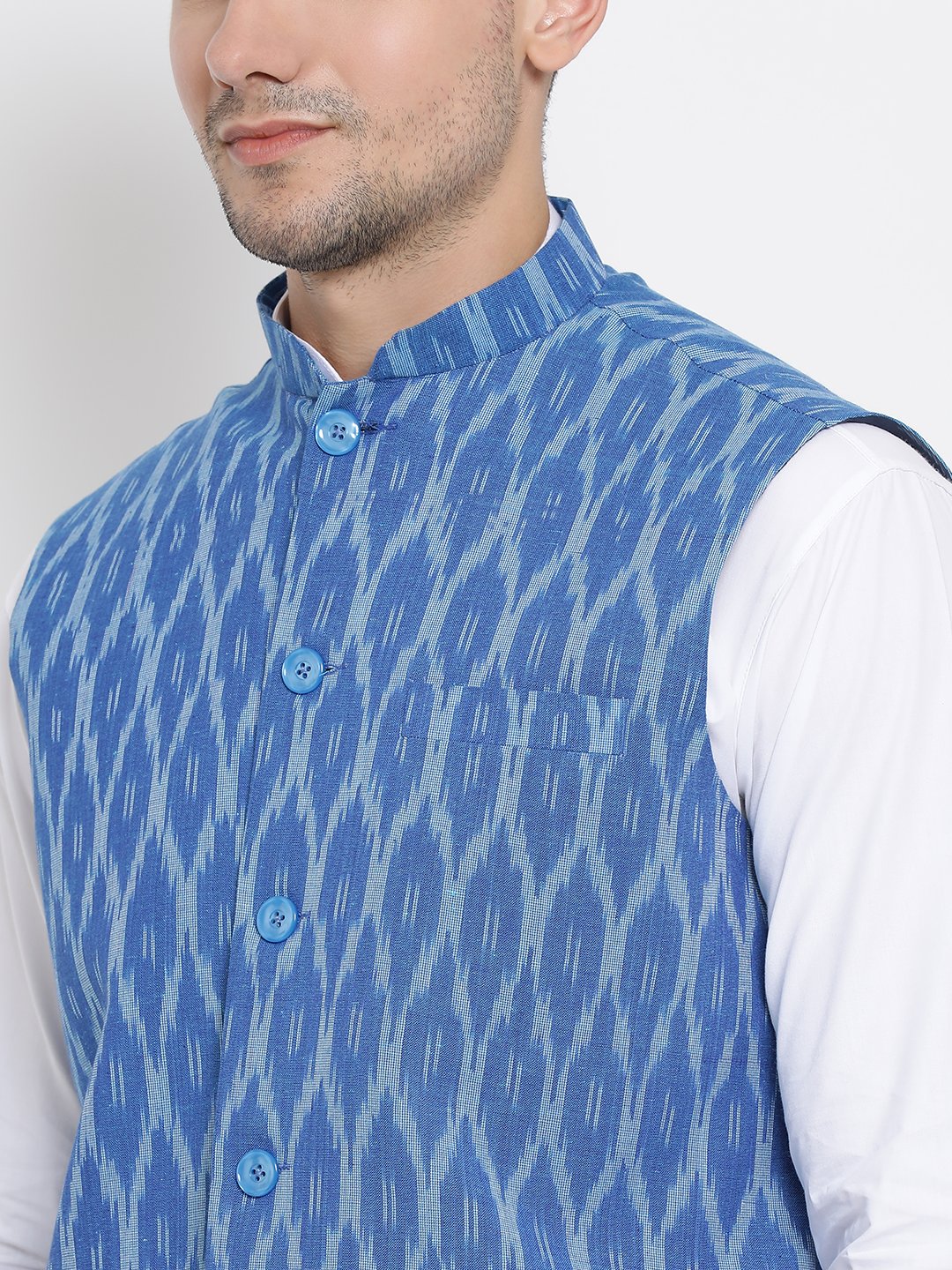 Men's White Cotton Kurta, Ethnic Jacket and Pyjama Set