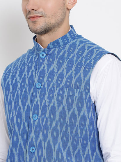 Men's White Cotton Kurta, Ethnic Jacket and Pyjama Set