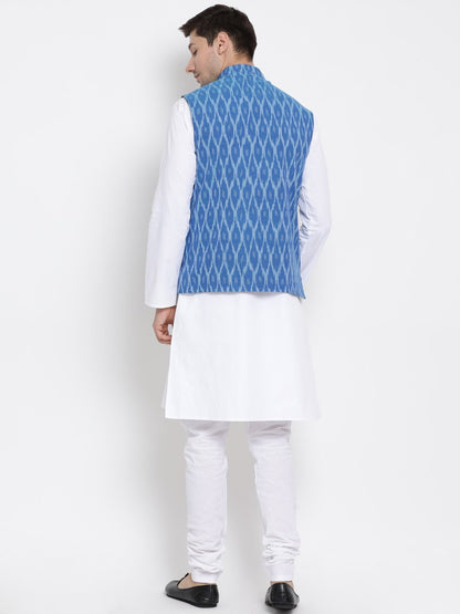 Men's White Cotton Kurta, Ethnic Jacket and Pyjama Set