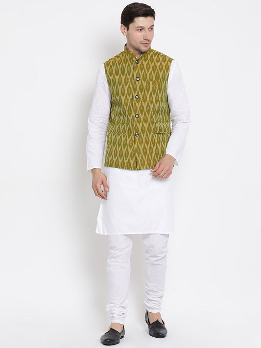Men's White Cotton Kurta, Ethnic Jacket and Pyjama Set