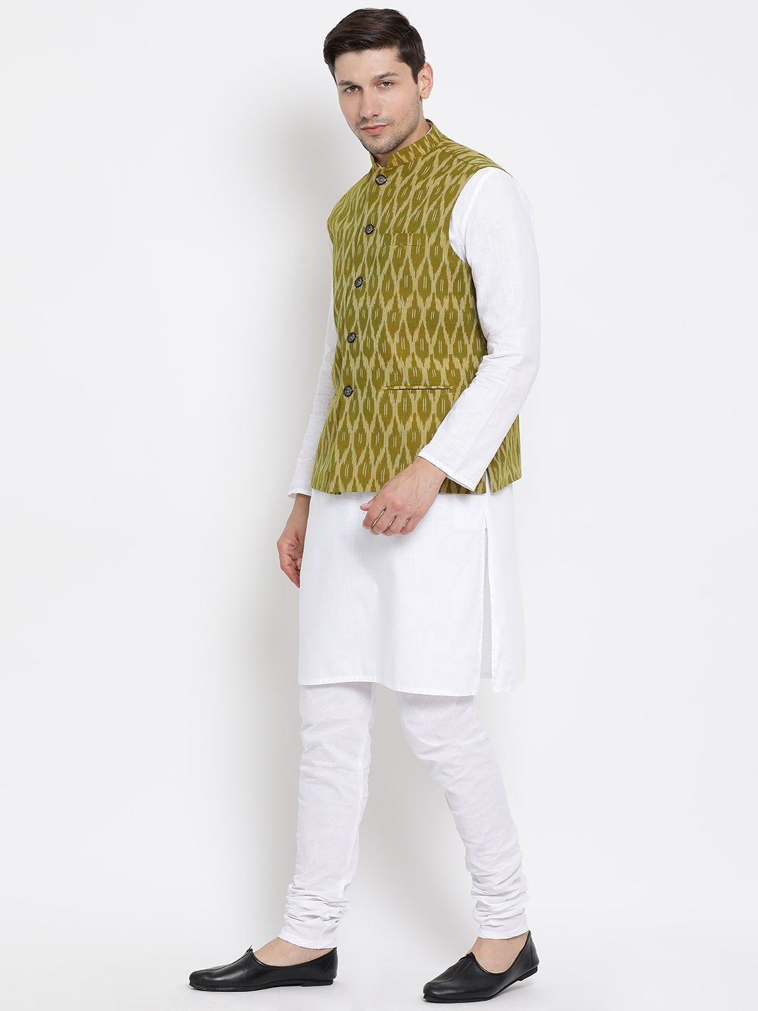 Men's White Cotton Kurta, Ethnic Jacket and Pyjama Set