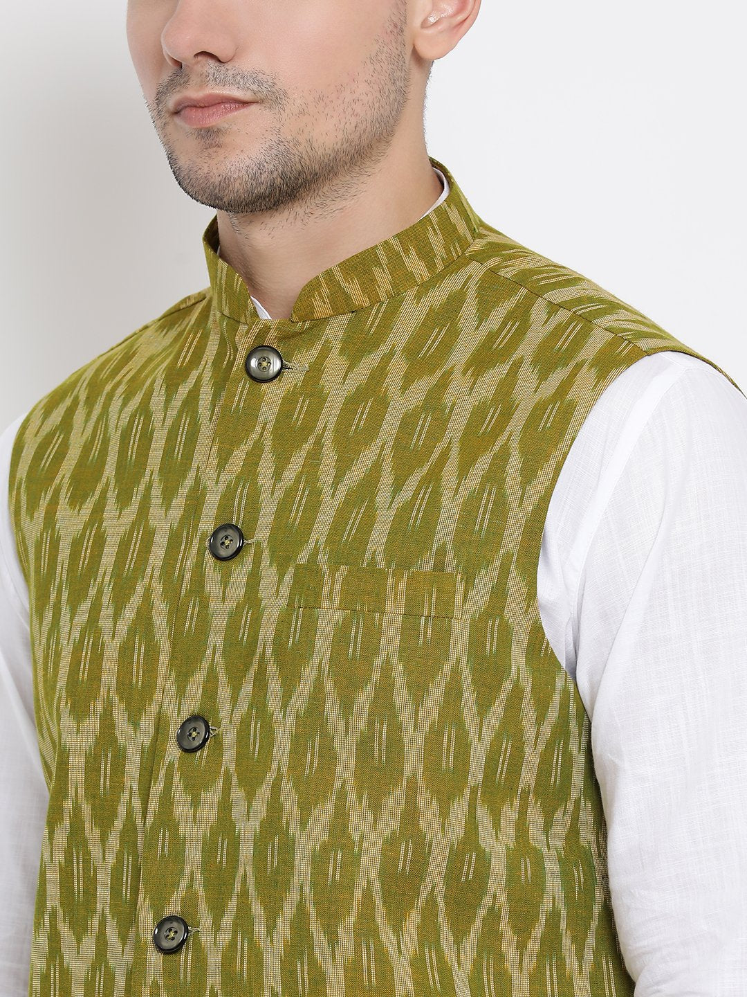 Men's White Cotton Kurta, Ethnic Jacket and Pyjama Set