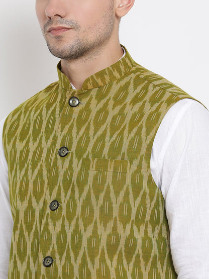 Men's White Cotton Kurta, Ethnic Jacket and Pyjama Set