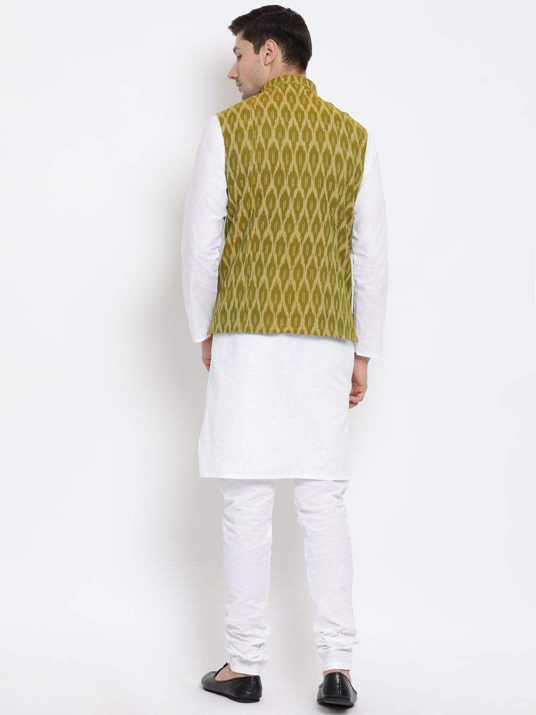 Men's White Cotton Kurta, Ethnic Jacket and Pyjama Set