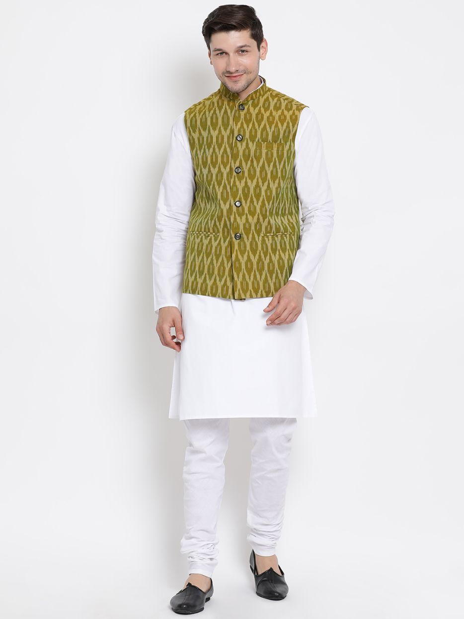Men's White Cotton Kurta, Ethnic Jacket and Pyjama Set