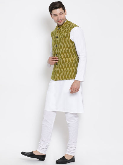 Men's White Cotton Kurta, Ethnic Jacket and Pyjama Set