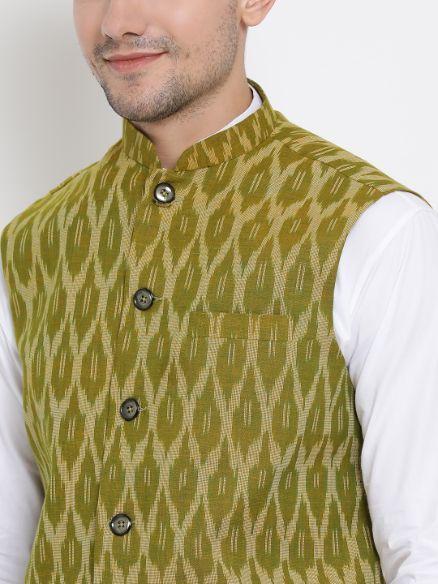 Men's White Cotton Kurta, Ethnic Jacket and Pyjama Set