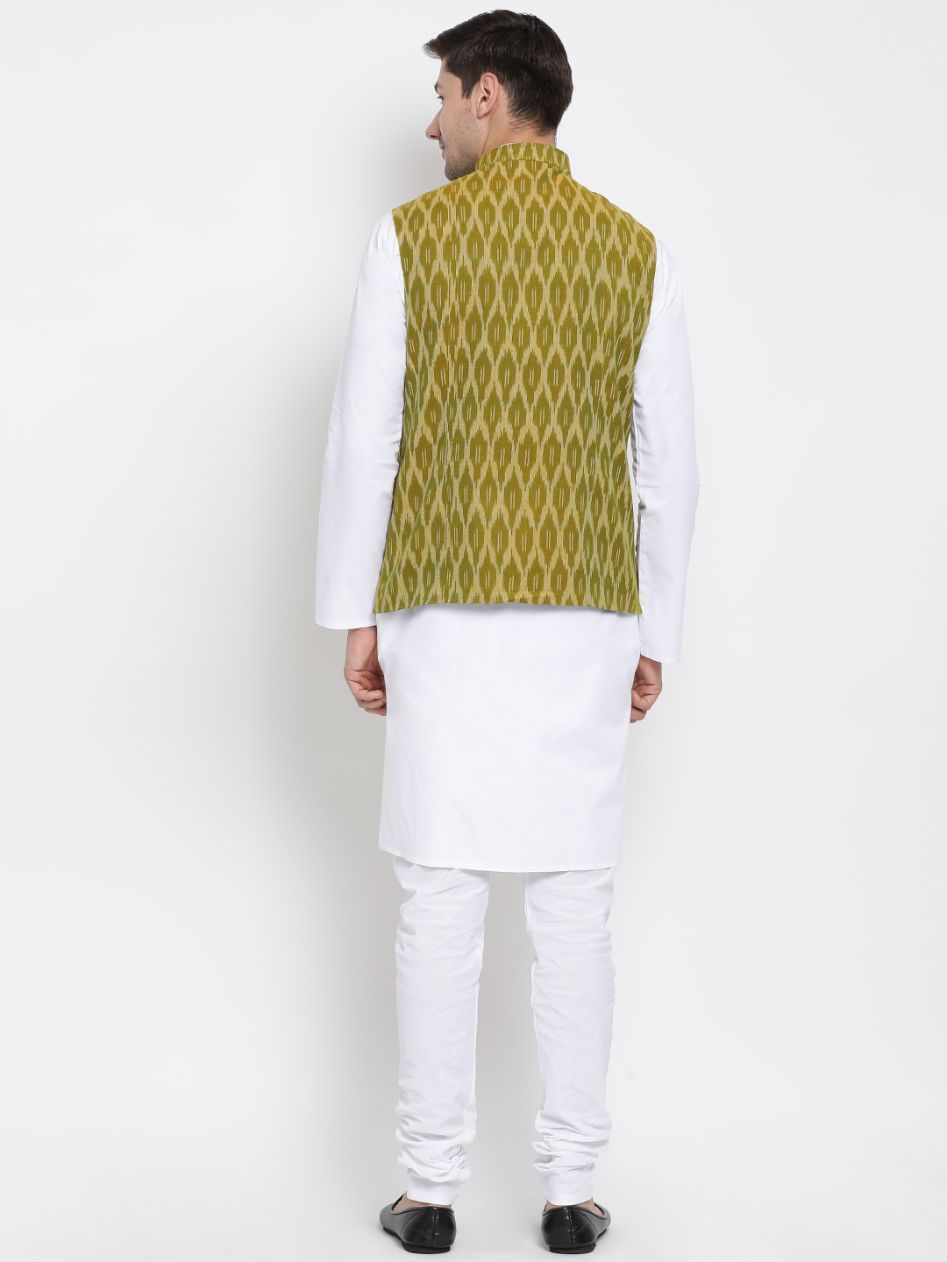 Men's White Cotton Kurta, Ethnic Jacket and Pyjama Set
