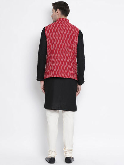 Men's Black Cotton Kurta, Ethnic Jacket and Pyjama Set