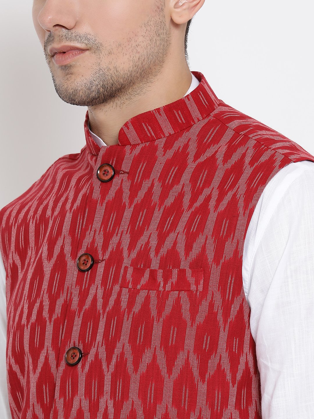 Men's White Cotton Kurta, Ethnic Jacket and Pyjama Set