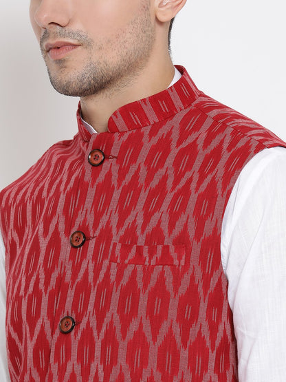 Men's White Cotton Kurta, Ethnic Jacket and Pyjama Set