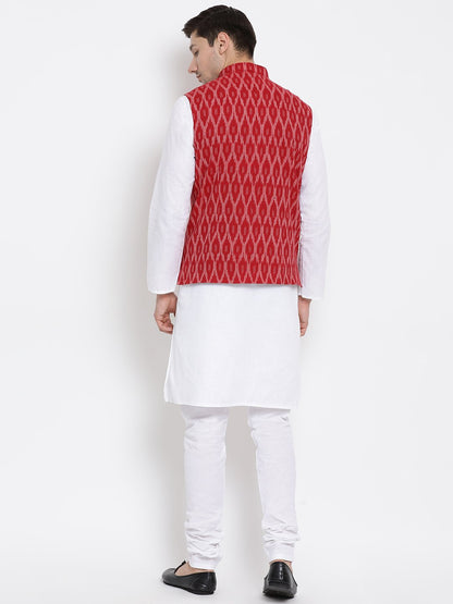 Men's White Cotton Kurta, Ethnic Jacket and Pyjama Set