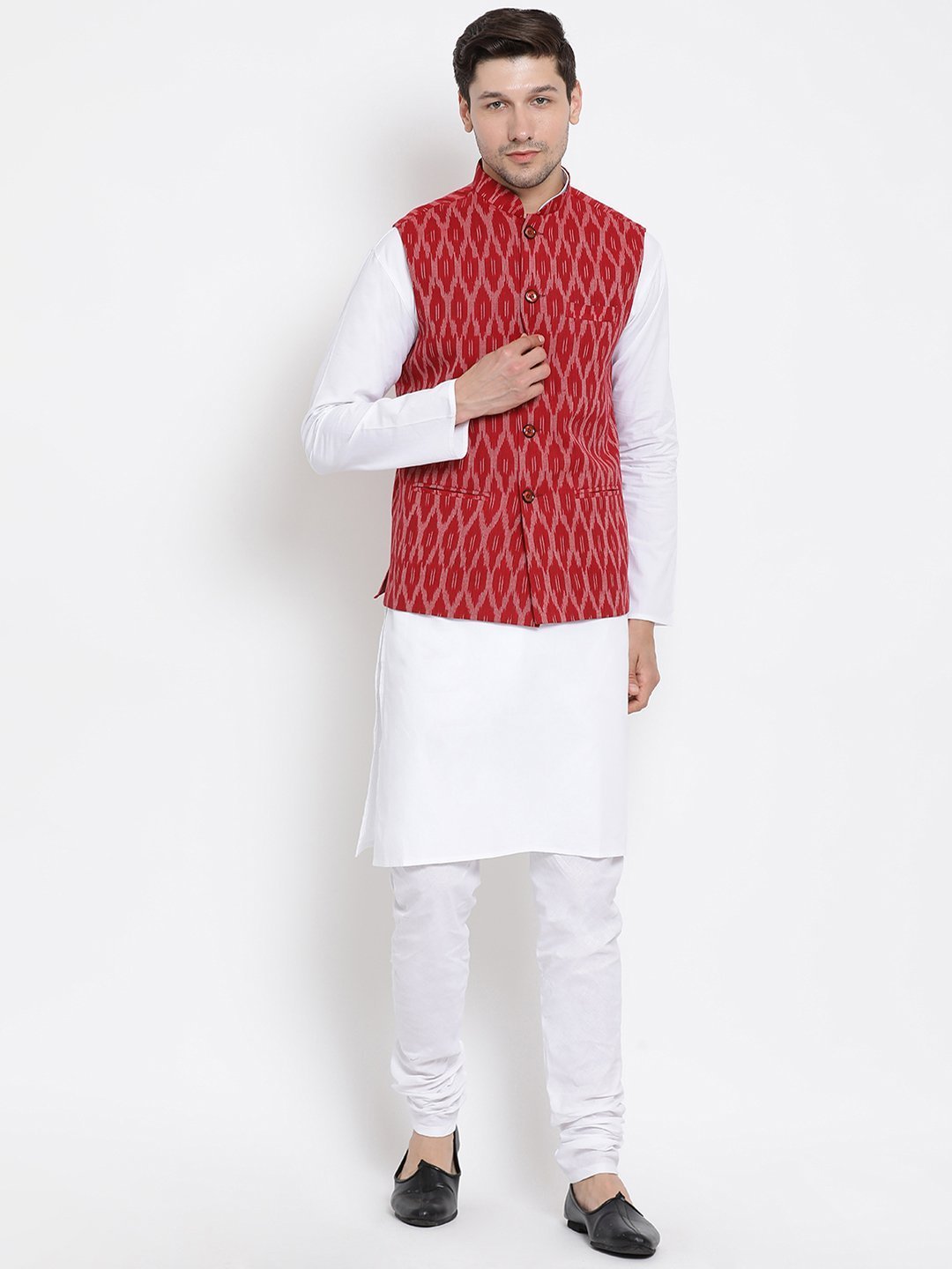 Men's White Cotton Kurta, Ethnic Jacket and Pyjama Set