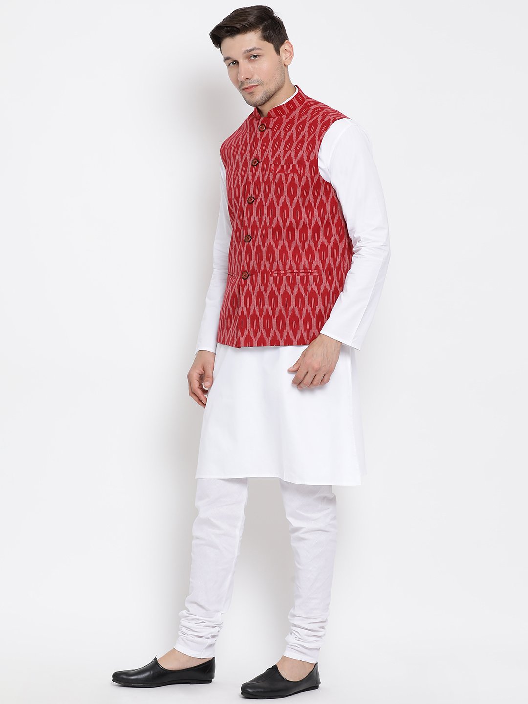 Men's White Cotton Kurta, Ethnic Jacket and Pyjama Set