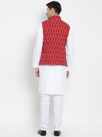 Men's White Cotton Kurta, Ethnic Jacket and Pyjama Set