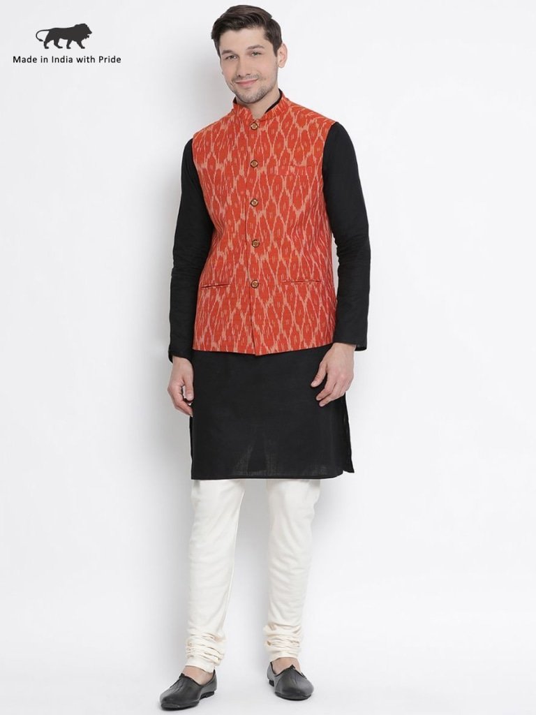 Men's Black Cotton  Kurta, Ethnic Jacket and Pyjama Set