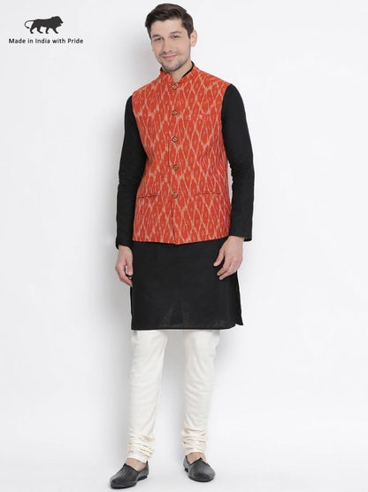 Men's Black Cotton  Kurta, Ethnic Jacket and Pyjama Set