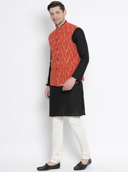 Men's Black Cotton  Kurta, Ethnic Jacket and Pyjama Set