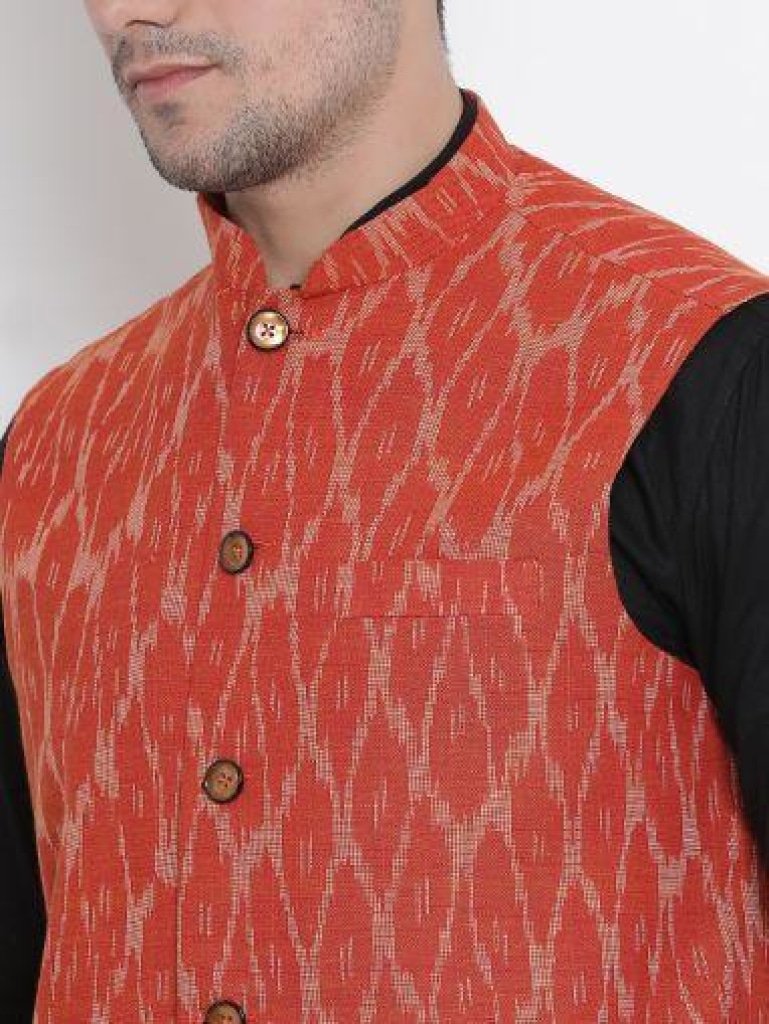 Men's Black Cotton  Kurta, Ethnic Jacket and Pyjama Set