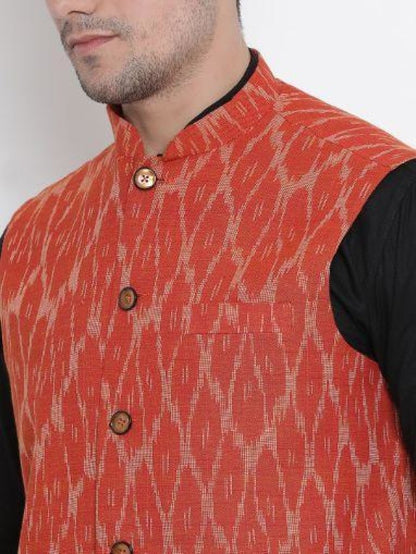 Men's Black Cotton  Kurta, Ethnic Jacket and Pyjama Set