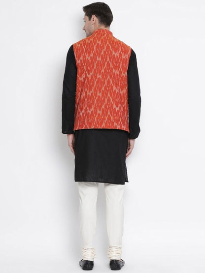 Men's Black Cotton  Kurta, Ethnic Jacket and Pyjama Set