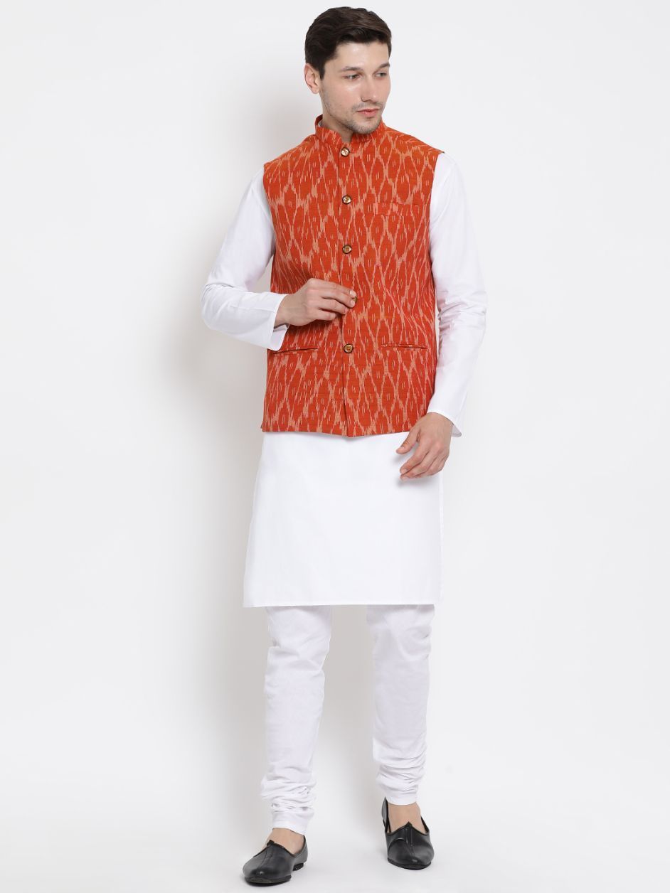 Men's White Cotton Kurta, Ethnic Jacket and Pyjama Set