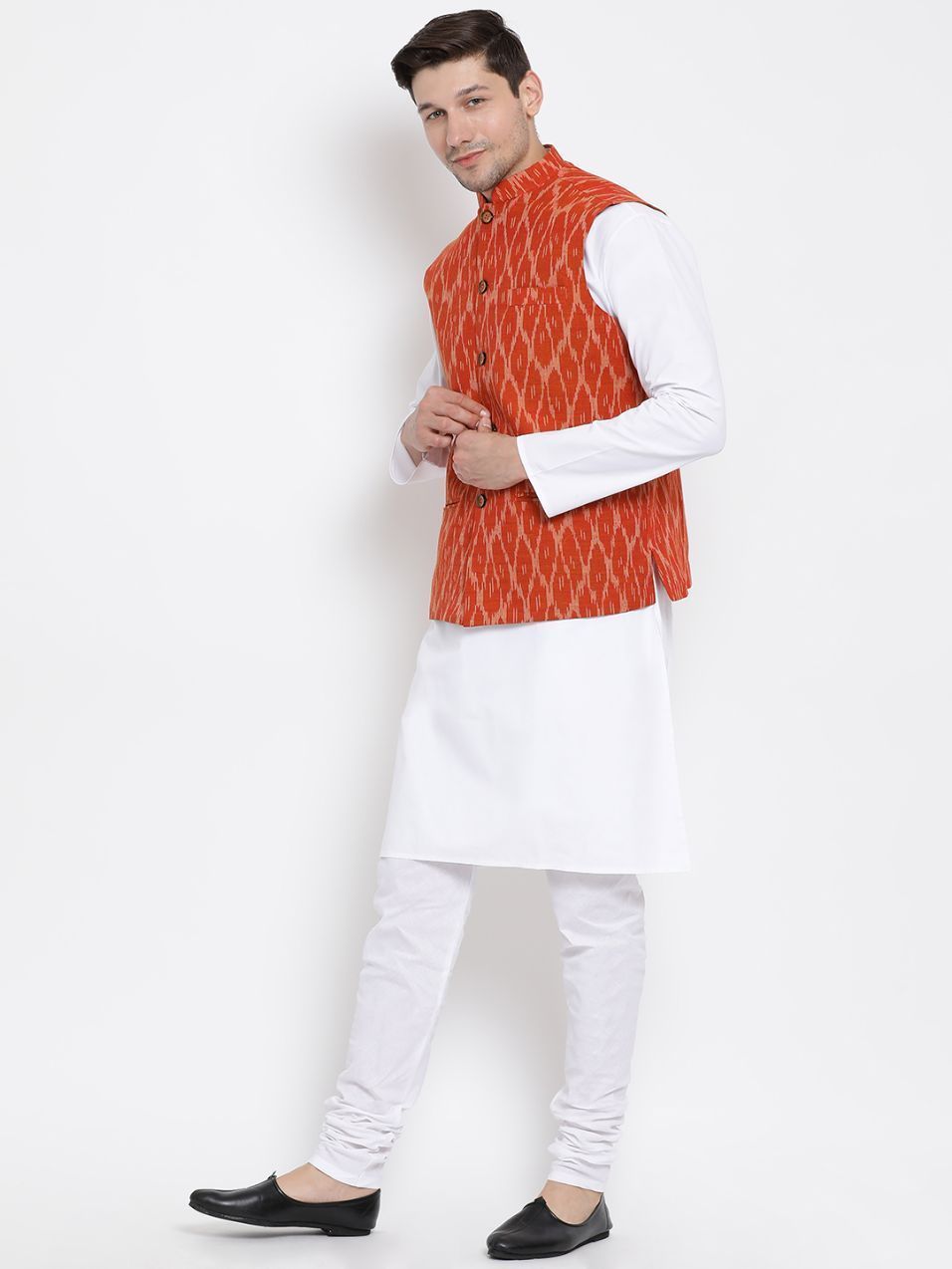 Men's White Cotton Kurta, Ethnic Jacket and Pyjama Set