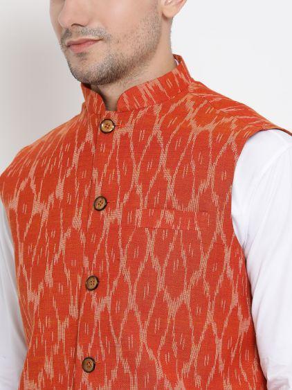 Men's White Cotton Kurta, Ethnic Jacket and Pyjama Set