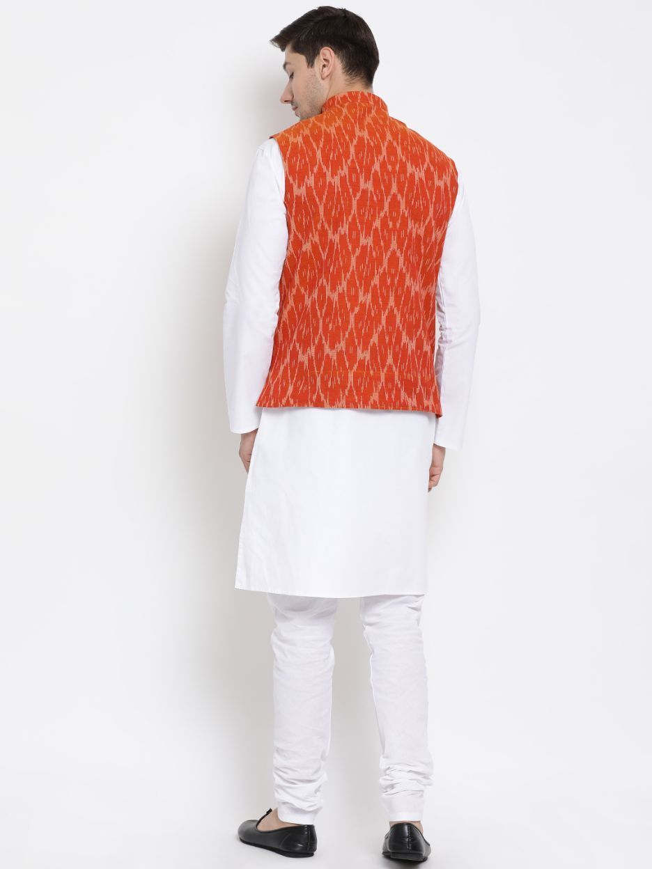 Men's White Cotton Kurta, Ethnic Jacket and Pyjama Set