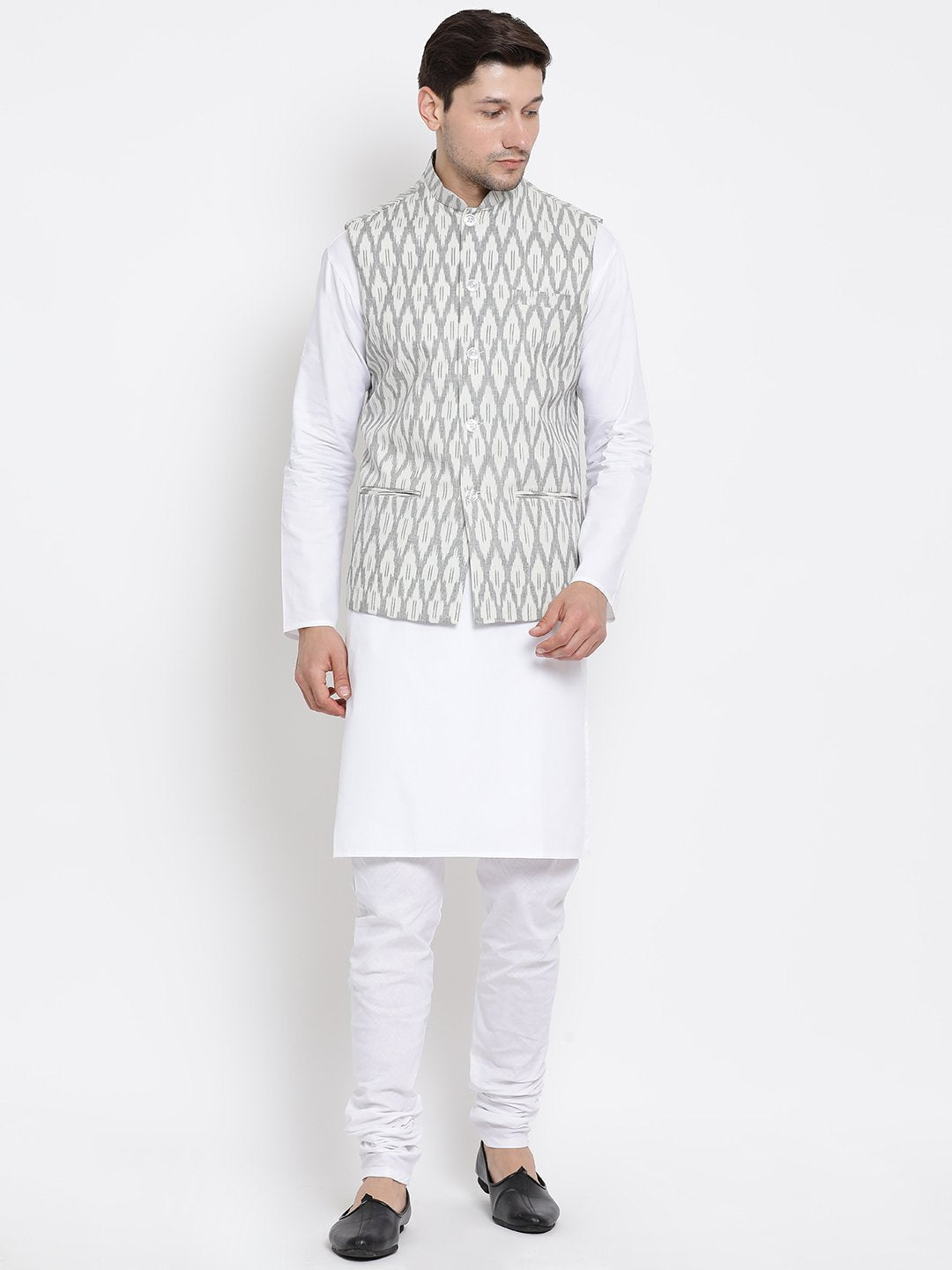 Men's White Cotton Blend Kurta, Ethnic Jacket and Pyjama Set