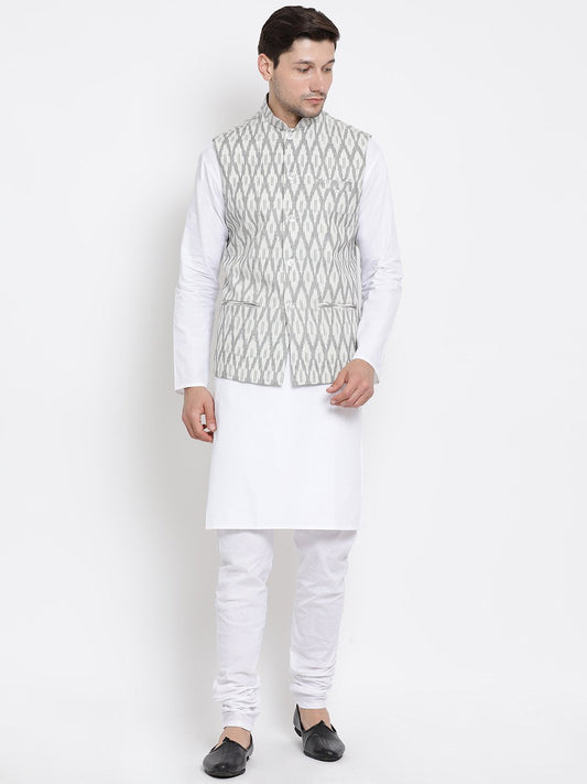 Men's White Cotton Blend Kurta, Ethnic Jacket and Pyjama Set