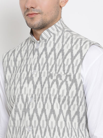 Men's White Cotton Blend Kurta, Ethnic Jacket and Pyjama Set