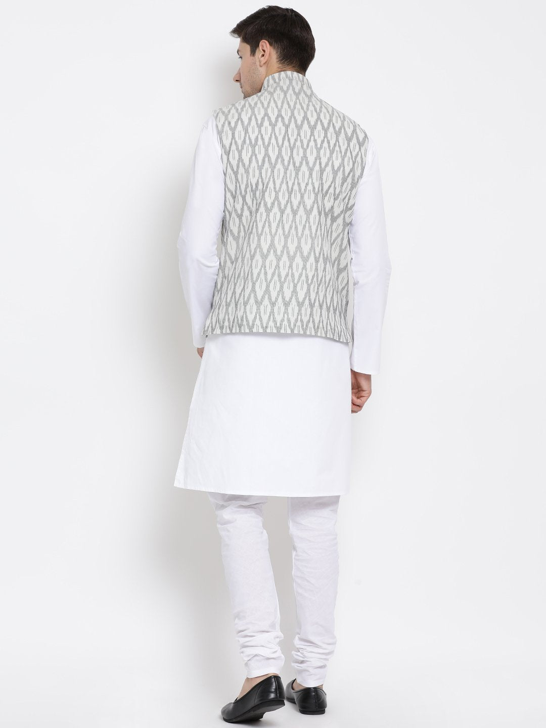 Men's White Cotton Blend Kurta, Ethnic Jacket and Pyjama Set