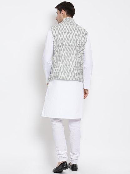 Men's White Cotton Blend Kurta, Ethnic Jacket and Pyjama Set