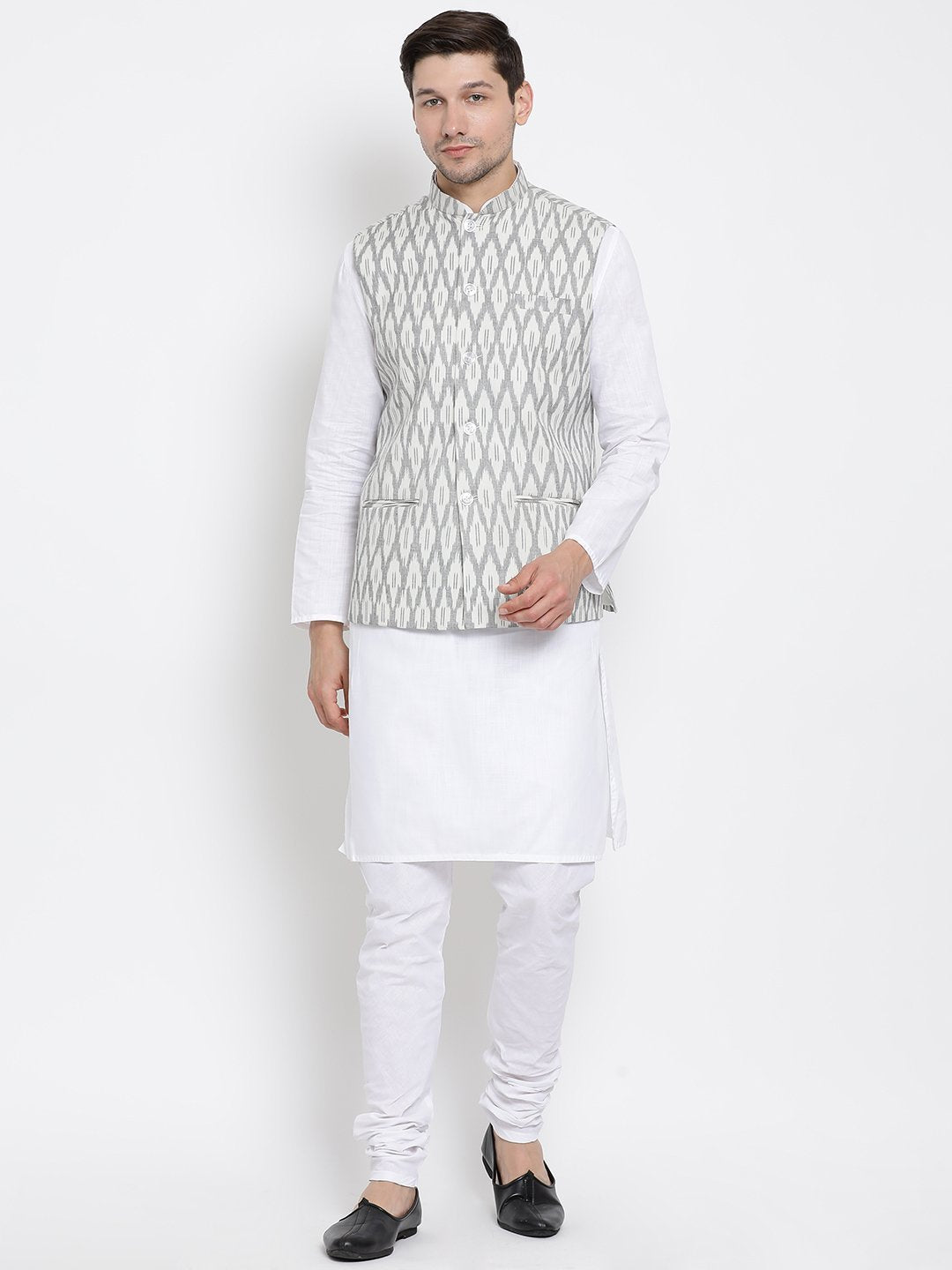 Men's White Cotton Kurta, Ethnic Jacket and Pyjama Set