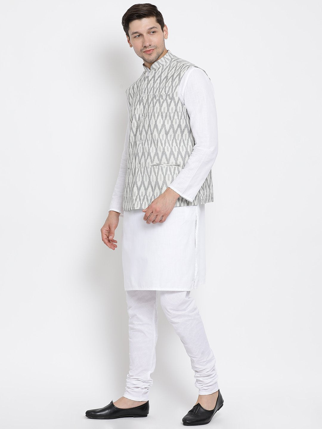 Men's White Cotton Kurta, Ethnic Jacket and Pyjama Set