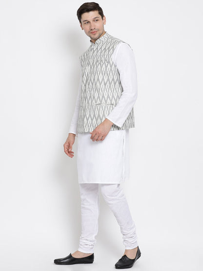 Men's White Cotton Kurta, Ethnic Jacket and Pyjama Set